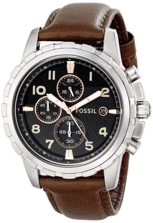 Fossiles Dean Quartz chronographe cadran noir en cuir brun FS4828 montre homme