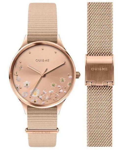 Montre pour femme Oui &  Me Petite Bichette en or rose avec cadran soleillé et bracelet en nylon à quartz ME010174