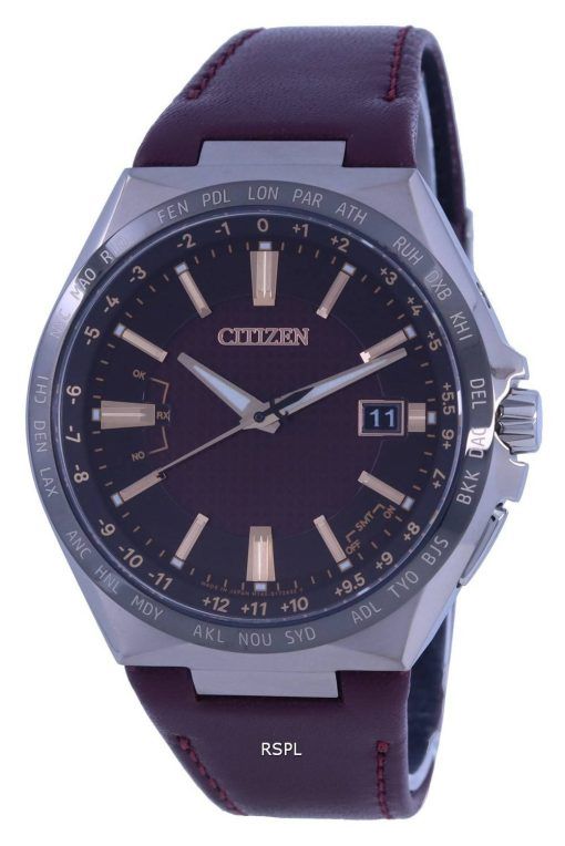Montre pour homme Citizen Attesa World Time avec cadran bordeaux et bracelet en cuir Eco-Drive CB0216-07W 100M