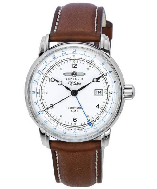 Montre pour homme Zeppelin 100 Jahre GMT bracelet en cuir cadran argenté automatique 86661