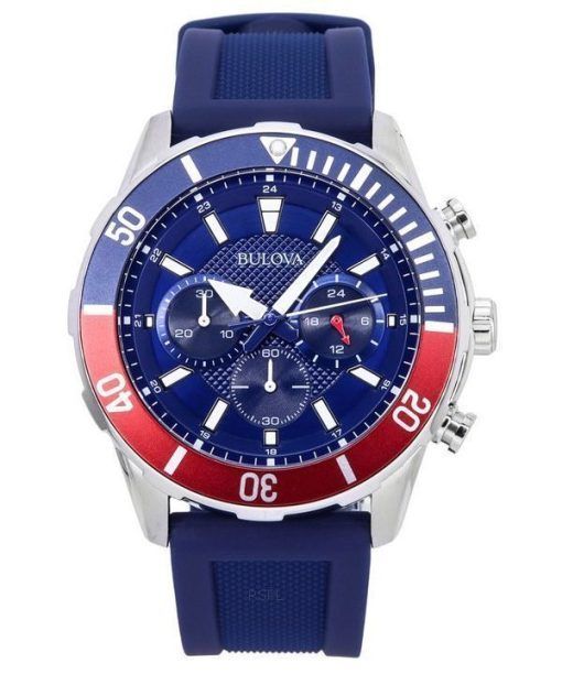 Bulova Sports Chronographe Bracelet en silicone Cadran bleu Quartz 98K111 100M Montre pour homme avec coffret cadeau