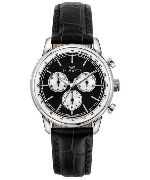 Montre pour homme Philip Watch Anniversary Chronographe Bracelet en cuir Cadran noir Quartz R8271650002 100M