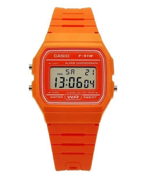 Montre unisexe Casio Digital Orange avec bracelet en résine Quartz F-91WC-4A2
