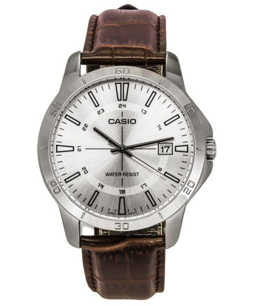 Montre Casio Standard analogique avec bracelet en cuir marron et cadran argenté à quartz MTP-V004L-7C pour homme