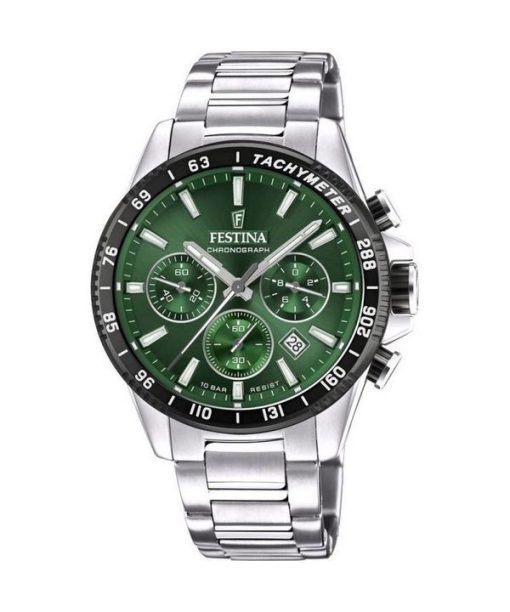 Montre pour homme Festina Timeless Chronographe en acier inoxydable avec cadran vert et quartz F20560-4 100M