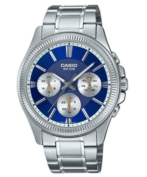 Montre Casio Enticer analogique en acier inoxydable avec cadran bleu et quartz MTP-1375D-2A1 pour homme