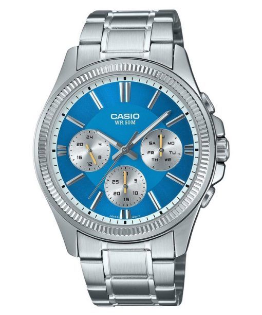 Montre Casio Enticer analogique en acier inoxydable avec cadran bleu glace et quartz MTP-1375D-2A2 pour homme