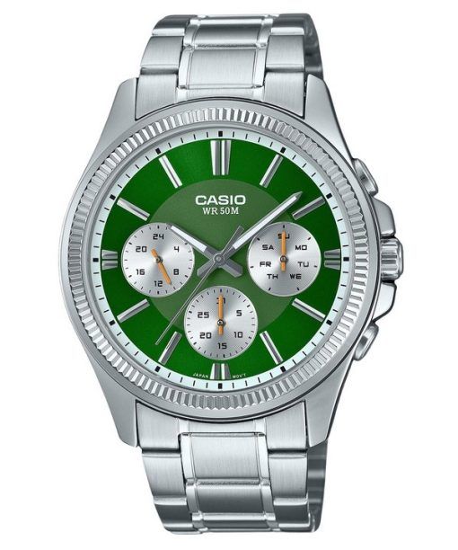 Montre Casio Enticer analogique en acier inoxydable avec cadran vert et quartz MTP-1375D-3 pour homme