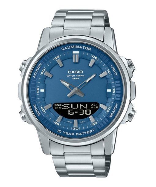 Montre Casio analogique numérique à combinaison en acier inoxydable avec cadran bleu et quartz AMW-880D-2A1V pour homme