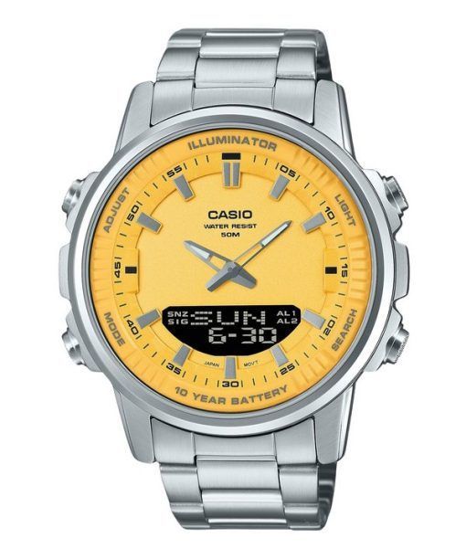 Montre Casio analogique numérique à combinaison en acier inoxydable avec cadran jaune et quartz AMW-880D-9AV pour homme