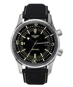 Montre Longines Legend Diver avec bracelet en cuir et cadran noir automatique L3.774.4.50.0 300M pour homme