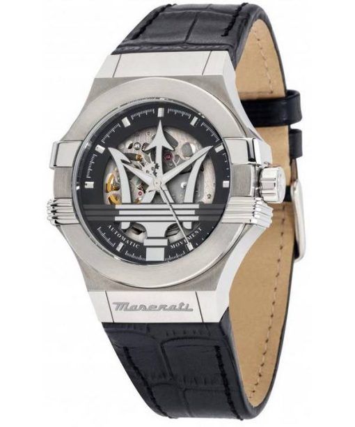 Montre pour homme Maserati Potenza avec bracelet en cuir squelette et cadran noir automatique R8821108038 100M