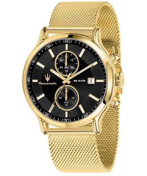 Montre pour homme Maserati Epoca chronographe doré en maille d&#39,acier inoxydable avec cadran noir et quartz R8873618014 100M