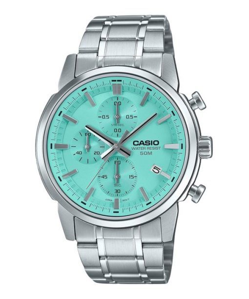 Montre Casio Standard analogique chronographe en acier inoxydable cadran turquoise Quartz MTP-E510D-2AV pour homme