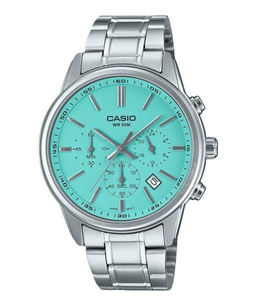 Montre Casio Standard analogique chronographe en acier inoxydable cadran turquoise Quartz MTP-E515D-2A2V pour homme
