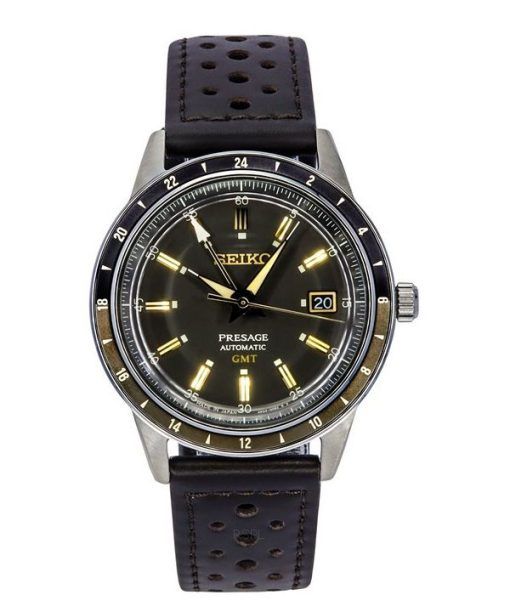 Montre pour homme Seiko Presage Style60's GMT avec bracelet en cuir de veau et cadran noir automatique SSK013J1