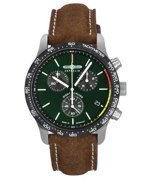 Montre pour homme Zeppelin Night Cruise chronographe bracelet en cuir cadran vert Quartz 72884 100M