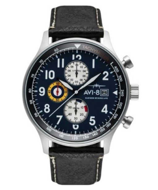 AVI-8 Hawker Hurricane Classic Chronographe Bracelet en cuir noir minuit Cadran bleu Quartz AV-4011-0I Montre pour homme